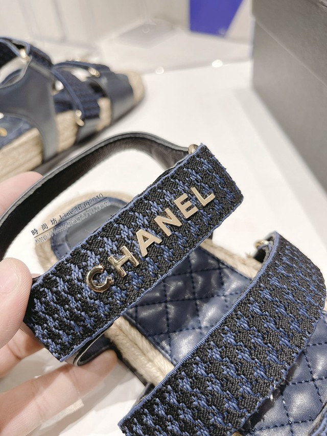 Chanel香奈兒2022春夏最新款打臘麻繩工藝涼鞋 魔術貼女款沙灘涼鞋 dx2656